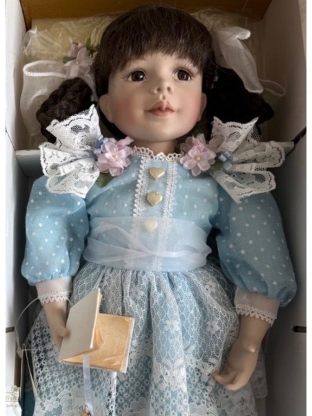 Ashton Drake Galleries Porcelain Doll "Marie" Blue Lace Dress Box Tag